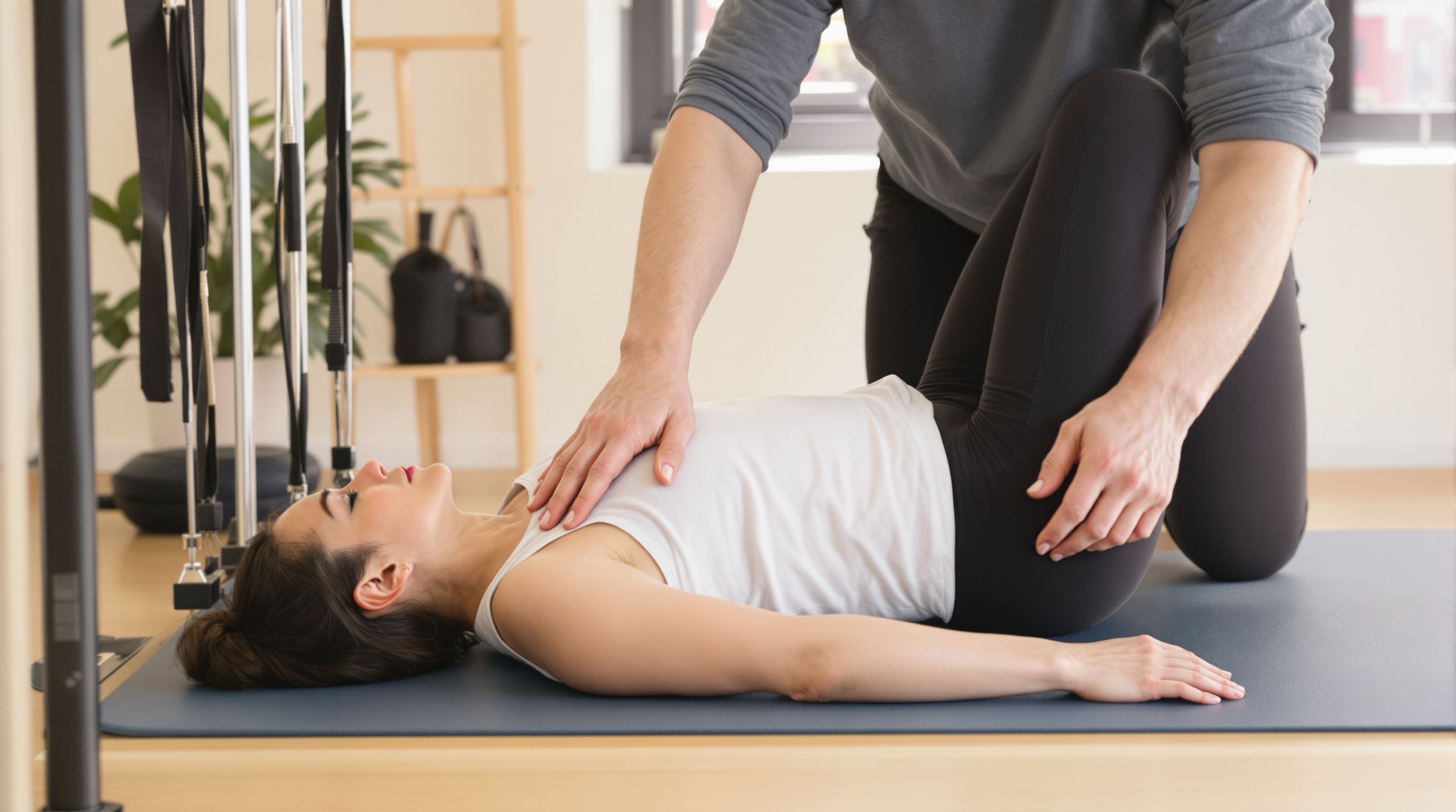 Instructeur guidant un exercice de Pilates reformer
